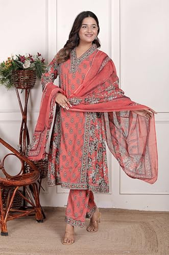 Image of Women's Cotton Printed Straight Kurti With Pant and Dupatta Set (PEACH)