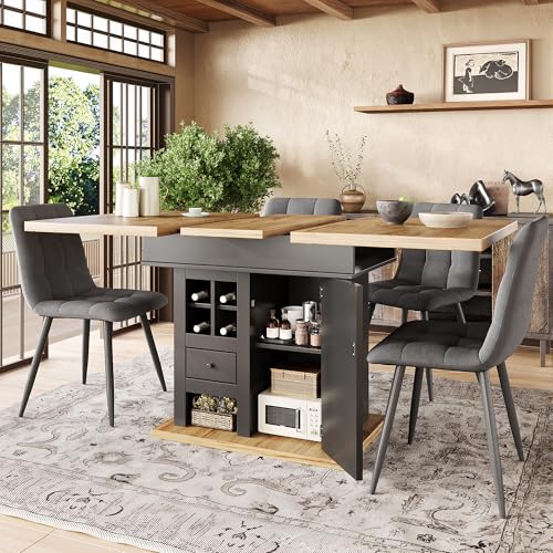 Table à Manger Extensible (110-140 cm) - Table de Cuisine et Salle à Manger Pliante pour 4/6 Personnes - Design Moderne avec Plateau Rectangulaire 80 cm, Tiroirs et Rangement à Bouteilles