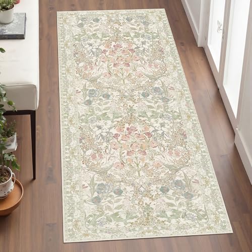 Washable Bathroom Rug 2x4 Non Slip - Sage Green Small Rugs Front Door Rugs Indoor, Vintage Cream Beige Green Floral Style Rug for Kitchen, Laundry, Perfect for Entryway Décor