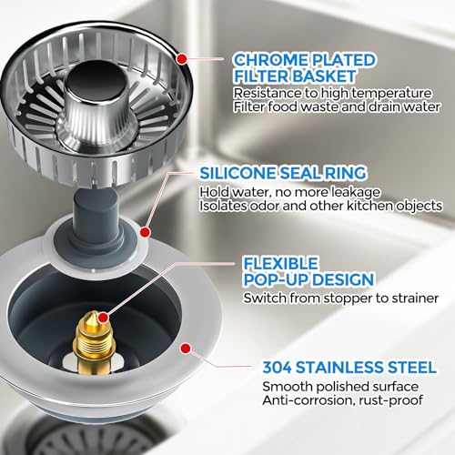 Image of zaa Kitchen Sink Drain Strainer - Kitchen Sink Stopper, 304 Stainless Steel Sink Drain Stopper, Sink Protector for Kitchen with Anti-Clog Filter, Fit US Standard 3-1 /2'' Sink Drain Hole, Gray | Kitchen Sink Accessories 1 Pack Brushed Grey Stainless - Food Catcher, Odor-Blocking Seal, Fits 3.5 inch Drain