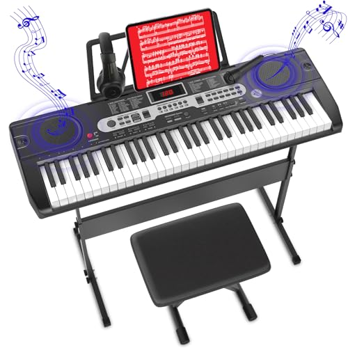 Verbessert Keyboard Piano, Klavier Keyboard für Anfänger, 61-Tasten E-Keyboard mit Keyboardständer, Klavierbank, Mikrofon, Kopfhörer, Notenständer, LED-Bildschirm, Zwei Lautsprecher, Lehrmodus