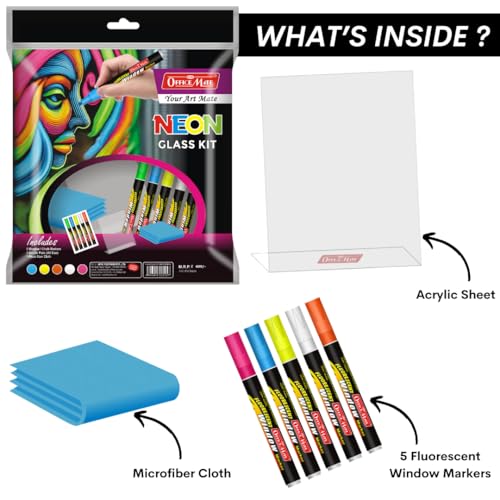 Image of Soni Officemate Neon Glass Kit | Includes Acrylic Sheet and Fluorescent Window Markers | Bullet Tip Design |Suitable for Kids Adults Windows Glass Acrylic Surfaces