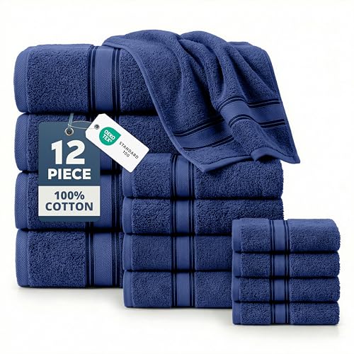 Image of LANE LINEN 100% Mercerized Cotton Towels Set 12 – Zero Twist, 4 Bath Towels, 4 Hand Towel & 4 Washcloths, Stays Plush After Washes, Ideal for Spa, Hotel & Family Bathrooms, Highly Absorbent – Navy