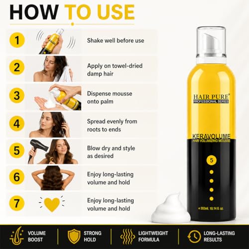 Image of Hair Pure Keravolume Hair Volumizing Mousse Enrich with Keratin for Men & Women | Strong Hold Hair Styling Mousse | Long Lasting Volume & Shine | Non-Sticky Lightweight Formula | All Hair Types | 300ml