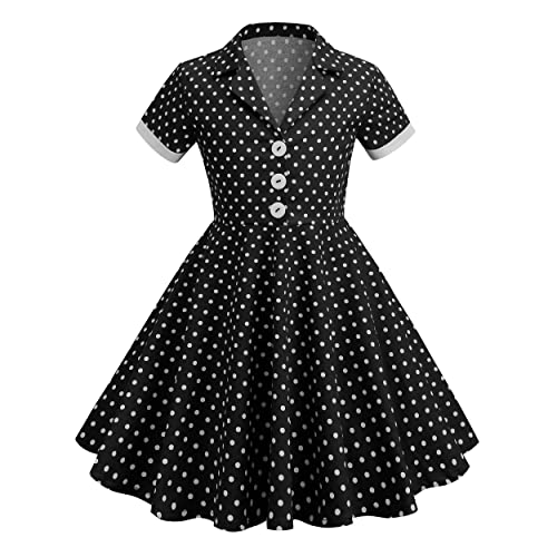 Kids Short Sleeve Notch Lapel Collar Vintage 50s Dress for Girls Retro 1950s Polka Dot Audrey Hepburn Rockabilly Dresses Buttons 1940s 60s 50s Style Flared A line Tea Party Outfit Black 9-10 Years