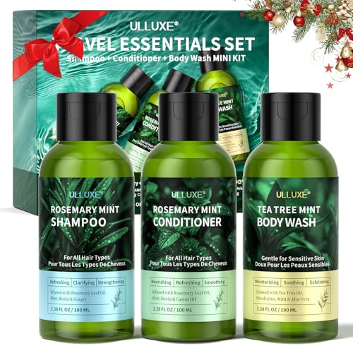 Juego de champú y acondicionador de romero con gel de baño corporal de árbol de té, tamaño de viaje limpiador, ayuda a aliviar la picazón en la piel y el olor corporal, combate la caspa, 3.38 fl oz
