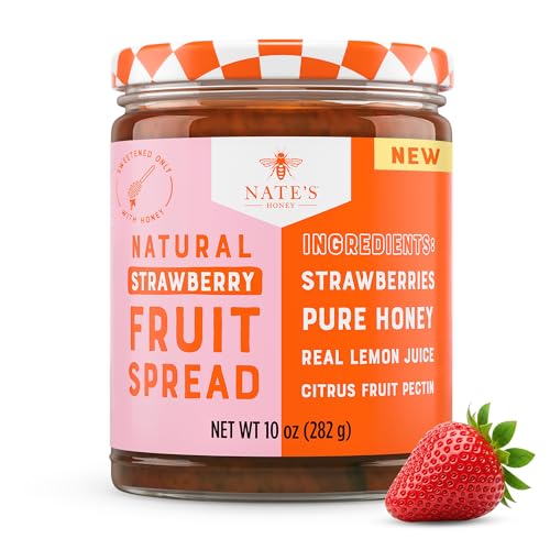 Image of Nate's Honey Fruit Spread, Strawberry - 10 oz Jar | All-Natural - Made with Real Strawberries & No Refined Sugar - Sweetened with 100% Pure Honey - Easy-to-Spread