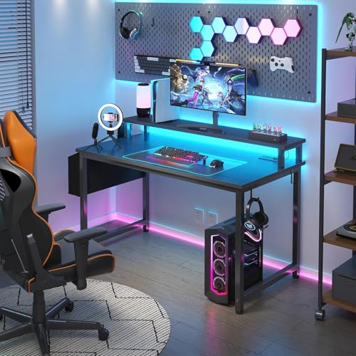 Image of Lufeiya Black Gaming Desk with LED Lights and Power Outlets, 40 Inch Teen Writing Study Table Home Office Desks with Monitor Stand, Computer Desk with Charging Station USB Port, Black