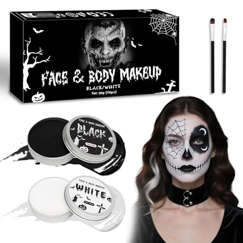 100 g Maquilhagem Halloween preto e branco, Halloween pintura facial crianças adulto, pintura facial Halloween, pintura facial para maquilhagem de carnaval, teatro, palhaço, vampiro, zombie, body face