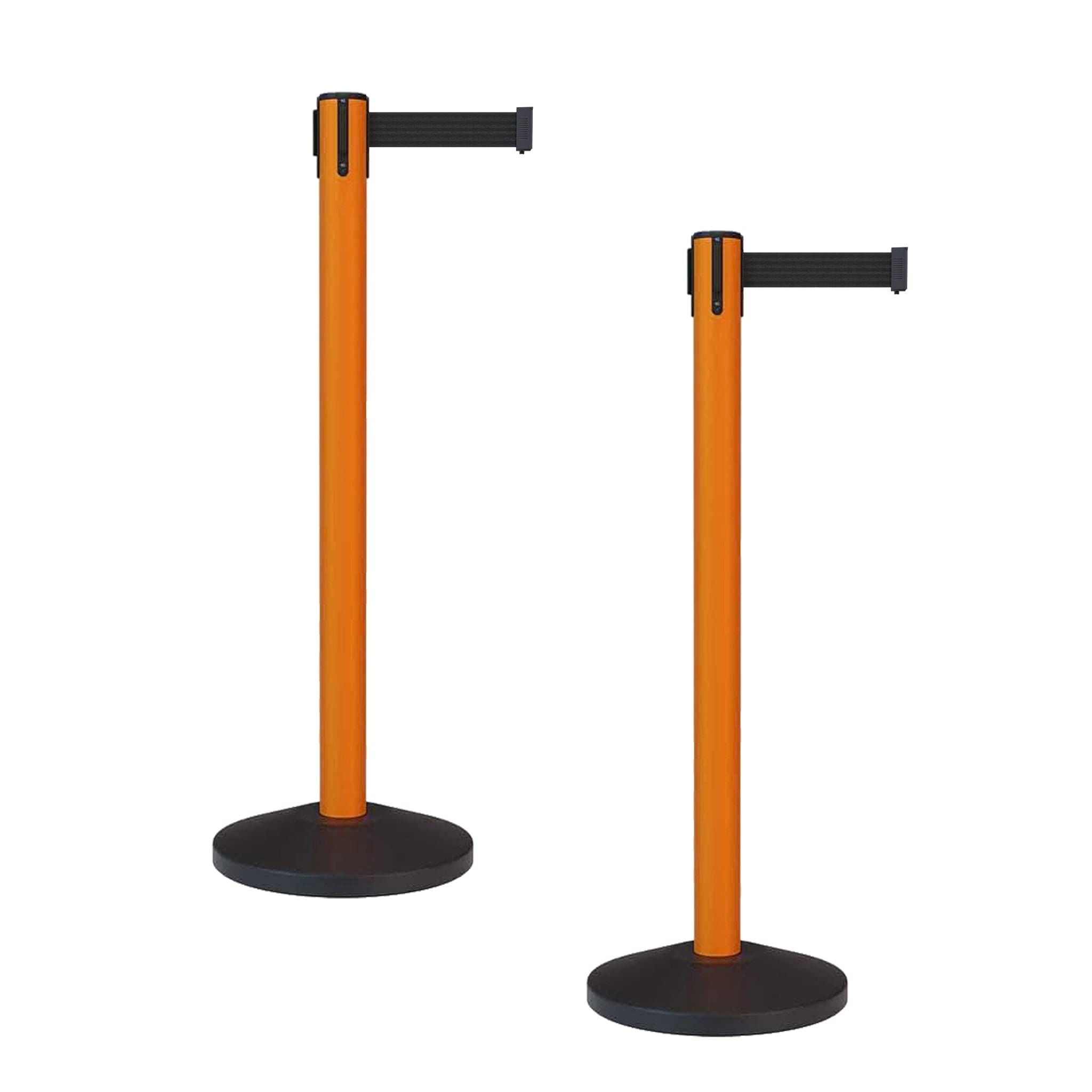 Montour Line MS630 Set of 2 Retractable Belt Barrier Stanchion, Sloped Base, Orange Post (11 ft Black Belt)