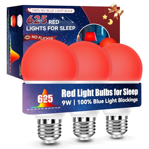 Neporal 625nm Red Light Bulbs for Sleep, 100% Blue Light Blocking Light Bulbs for Melatonin Promoting, A19 LED 9W 60W Equivalent Dim Red Night Light Bulb for Baby Nursery, Sleeping, Reading, 3-Pack