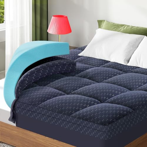 Image of Dual Layer 3 Inch Memory Foam Mattress Topper King Size, 2 Inch Gel Memory Foam Plus 1 Inch Cooling Pillow Top Mattress Pad Cover, with 8-21 Inch Deep Pocket, Navy Blue