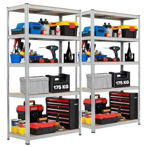 LUXTROUS Garage Shelving Units 5-Tier Storage Shelves Pack Of 2, 175kg Per Shelf, 5mm MDF Boards, Shed Storage Racking Shelf Adjustable Metal BOLTLESS Design for Living Room,Office(Silver,70x30x150cm)
