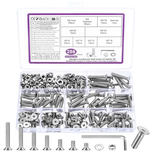 286 Pcs M5 Kit de Tornillos y Tuercas Cabeza Avellanada Hexagonal Plana