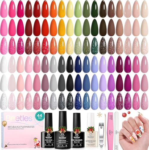 beetles Gel Polish 44pcs Winter Gel Nail Polish Set 36 Colors Brown Burgundy Red Blue Purple Green Black White with Base Top Coat UV LED Needed Salon DIY at Home Christmas Gift for Women Colorful Muse