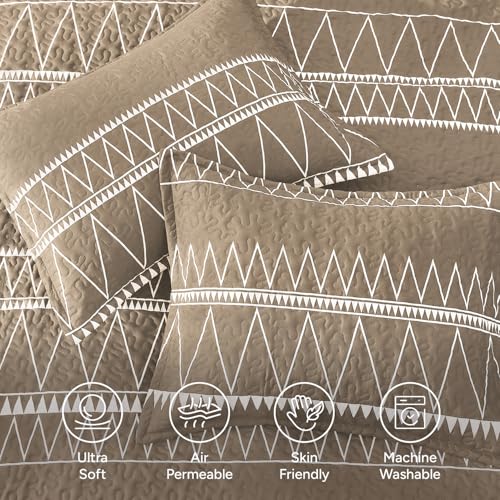 Image of Andency Taupe Quilts Queen Size, 3 Pieces Queen Quilt Bedding Set Boho Lightweight Soft Striped Bedspread for All Season (90 inchx96 inch), Printed Bohemian Polyester Reversible Coverlet Comoforter Sets