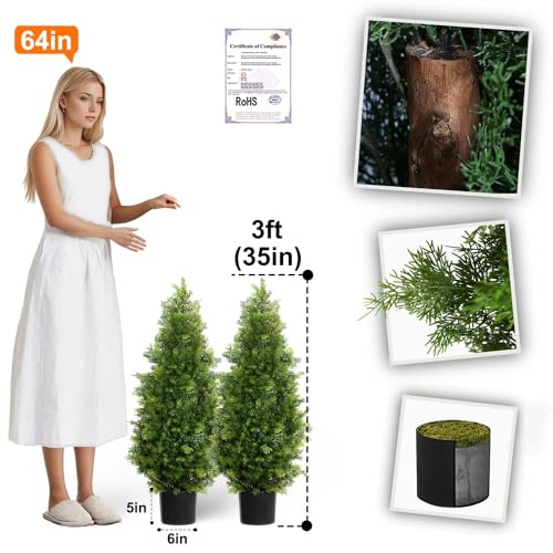 Aveyas 3ft Artificial Cedar Topiary Trees for Outdoor Front Porch Door, 3 Feet Faux Potted Plants Evergreen Fake Pine Cypress Tree for Outside Home Decor (3 ft Tall) - Set of 2 Pack - Image 3