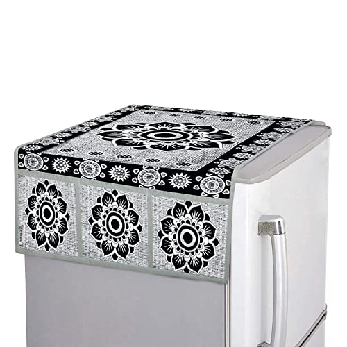 Image of Polyester 3-Layered Fridge Top Cover /Refrigerator Cover With 6 Utility Pockets (Color-Black, Size-39x21 Inches)