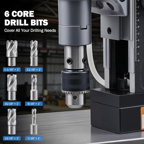Image of ZELCAN Mag Drill Press with 6 Core Drill Bits, 1550W Magnetic Drill with 2 inch Boring Dia Reverse Drilling, 2922lbf Portable Electric Magnet Drill with Stepless Speed for Metal Surface Industrial Home