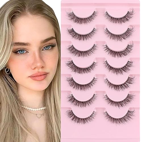 Oreola False Eyelashes Clear Band Cat Eye Lashes 7 Pairs Faux Mink Lashes Natural Wispy Handmade Fake Lashes