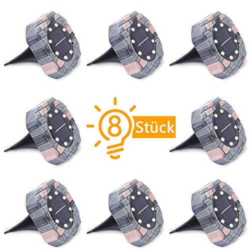 BINKE - Luces solares para suelo con 8 ledes, 8 unidades, IP65, resistente al agua, resina de color blanco cálido, para césped, entradas, aceras, patio, jardín, decoración