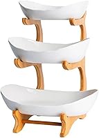 YWHWXB 3-Tier Bamboo Fruit Bowl with Plastic Trays - Multi-Layer Snack Stand, Large Capacity Kitchen Counter Organizer (White)