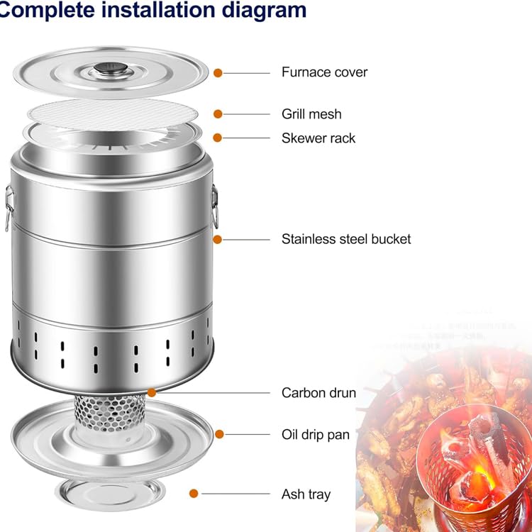 Griglia A Carbone Senza Fumo in Acciaio Inox - Barbecue Girevole A 360° Isolato con Cotone, Include 20 Spiedini E Accessori per Una Cottura All'Aperto Multifunzionale.