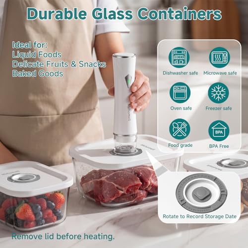 Image of Mehomeli Compact Vacuum Sealer for Food (Vacuum Sealer Machine+3 Glass Vacuum Containers+30 Reusable Vacuum Bags),Powerful Handheld Vacuum Seal Machine,Seal Meal Saver,Portable Food Sealer,Easy-Clean