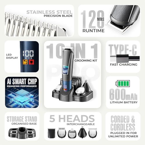 Image of VGR V-108 Professional 10-in-1 Grooming Kit with LED Display, All-in-one Trimmer for Men, Suitable for Face, head, Nose, Ear & Body Grooming, 120 min Runtime, 2 Year Warranty (Black, Blue)