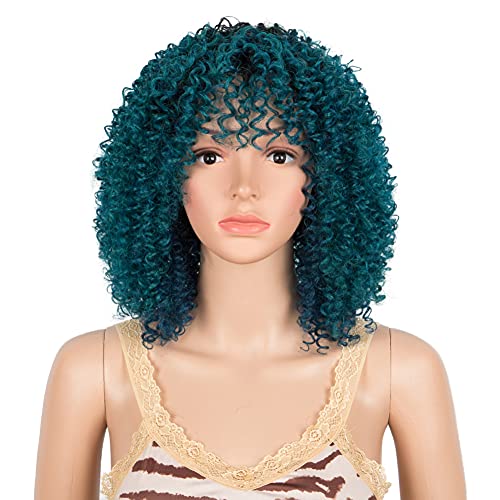 JOEDIR HAIR Short Curly Afro Wig with Bangs Ombre Green Kinky Curly Wigs for Women Full Synthetic Afro Wigs ( Color MYTT 1B-TQBL8-TEAL)