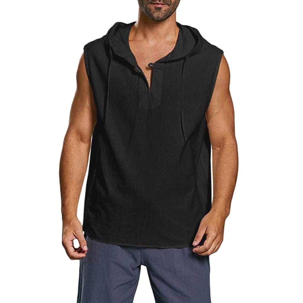 Misaky T Shirts for Men Large Size Solid Buttons Cotton Hemp Sleeveless Hood Plus Size Tops