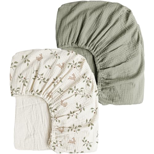 Konssy Muslin Crib Sheets 2 PCS, 100% Cotton Baby Crib Sheets for Standard Crib Mattress (28'x 52'), Soft and Breathable for Boys, Girls (Rabbit,Fog...