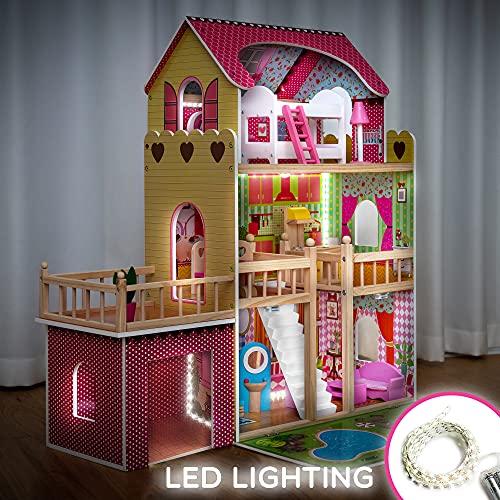 Green series Kinderplay Puppenhaus Holz Groß | Puppenvilla - Traumvilla | Kinder Dollhouse | Led - Licht und Zubehör | Set 90 cm Hoch mit Terrasse, Garage | Puppenhaus ab 2 Jahre | GS0020 – Bild 3