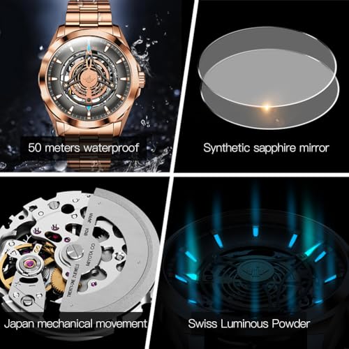 Image of OUPINKE Watch for Men Skeleton Self Winding Mechanical Automatic Luxury Dress Black Wrist Watch Waterproof Luminous Tungsten Sapphire Crystal