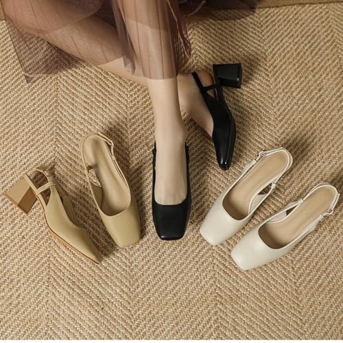 Women'S Closed Toe Slingback Chunky High Heels With Adjustable Ankle Buckle, Square Toe Dress Summer Sandals4