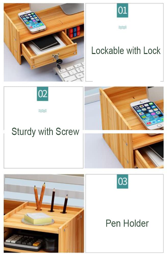 Support de Moniteur en Bois avec tiroir verrouillable éère de Rangement pour Bureau, Plate-Forme d'écran pour Ordinateur, PC, Meuble TV