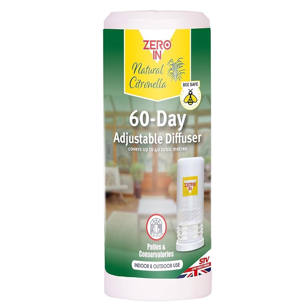 Zero In Natural Citronella 60 Day Adjustable Diffuser – Indoor & Outdoor Insect Repellent with Long Lasting Fresh Fragrance, Bee Safe Diffuser for Home, Garden, Patios & Conservatories