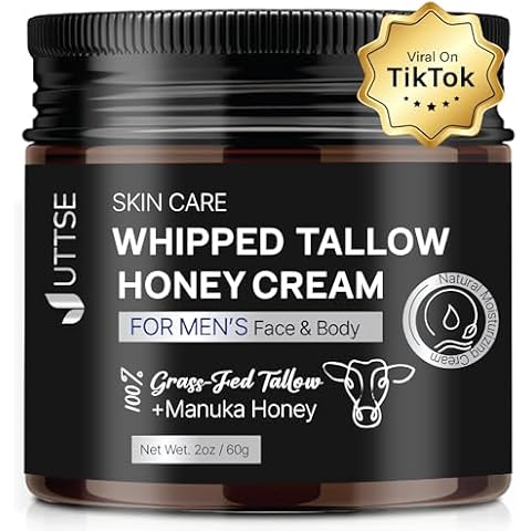 Beef Tallow and Honey Balm for Men: Grass Fed Whipped Beef Tallow With Honey - Face Body Moisturizer 2oz - Organic Unscented Fast Absorption Tallow Cream Infused with Manuka Honey Beeswax Olive Oil Cover