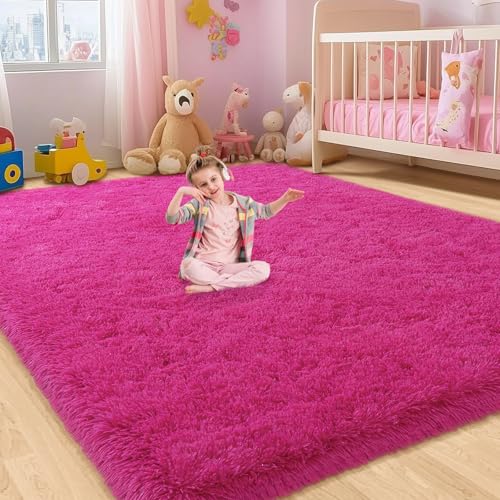 8x10 Large Shag Area Rugs for Living Room, Soft Hot Pink Fluffy Rugs for Bedroom Girls Kids Room, Cozy Fuzzy Plush Carpet for Nursery Dorm Home Decor, Shaggy Indoor Floor Rug, Upgraded Non-Slip
