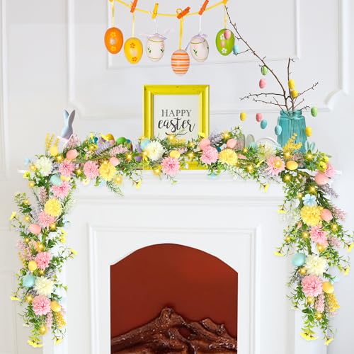 Sggvecsy 5.9FT Artificial Easter Egg Garland Chrysanthemums Easter Eggs Colorful Berries Greenery Leaves Rustic Spring Garlands for Mantle Fireplace Home Table Indoor Decor