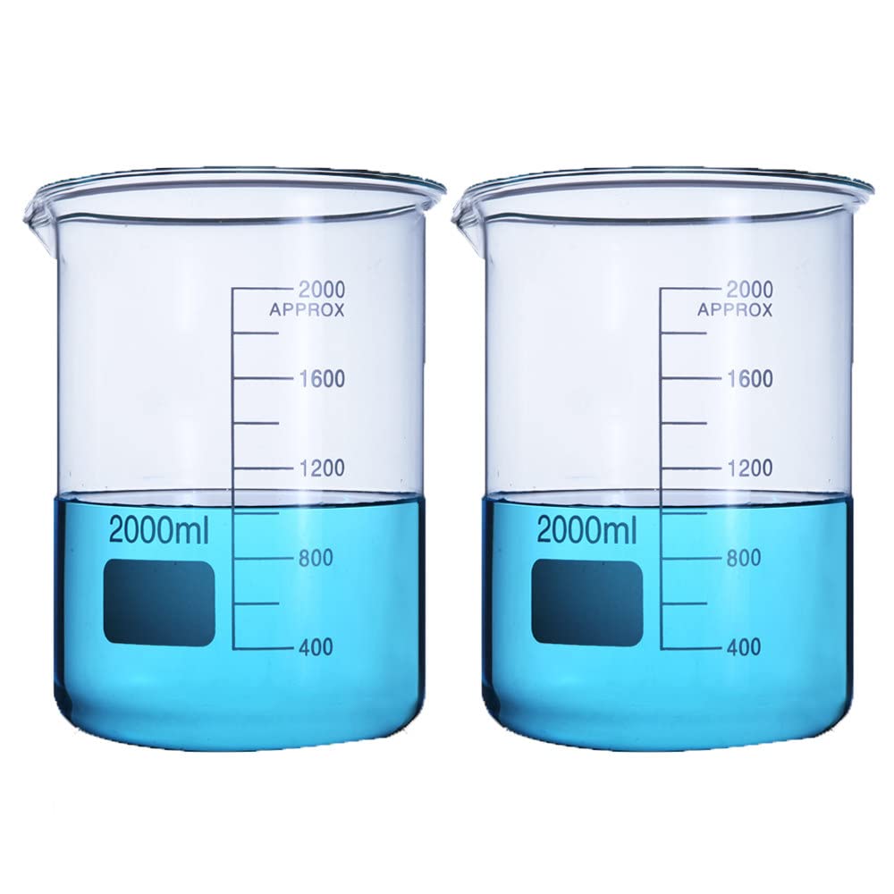 Vasos de Vidrio de Forma Baja de 2000 ml, Vasos medidores de Vidrio con graduación, Vaso de Laboratorio de borosilicato Transparente, Reutilizables, fáciles de Limpiar, para Laboratorio, Escuela y h