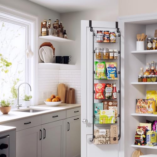 Image of Delamu Narrow Over the Door Pantry Organizer, 6-Tier Metal Pantry Door Organization and Storage for Easy Install, Hanging Spice Rack Seasoning Shelves for Cabinet & Kitchen, D5 x W13 x H50 inch, Black
