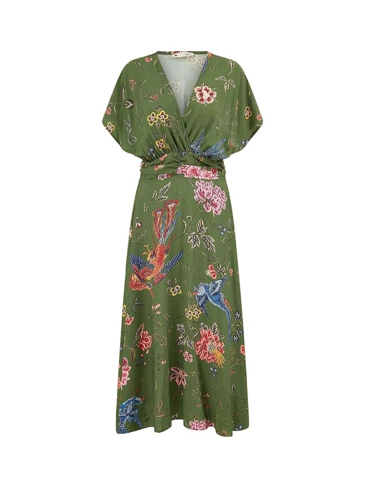 Yumi Women's Green Bird And Floral Print Ruched Waist Kimono Midi Dress - Size 8 Uk