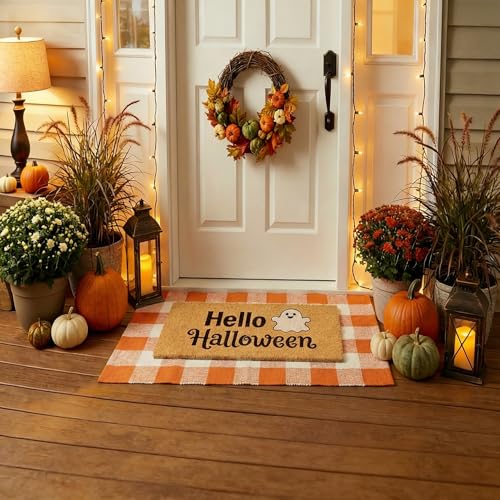 SKYPEA 2 Pcs Halloween Coir Doormat for Home 27.5 x 43 Inches with Orange & White Buffalo Plaid Rug, Layered Non Slip Welcome Mats for Halloween Party, Patio & Indoor Outdoor Decor - image 1