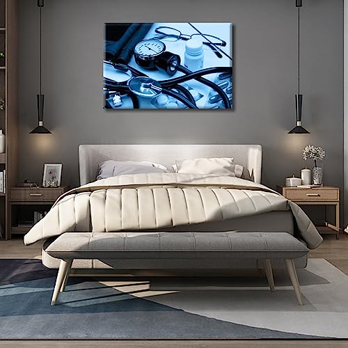 Image of Canvas Wall Art Medical Hospital Background in Blue Wall Decor for Living Room 1 Pieces Stethoscope Artwork Wall Decor for Bedroom Giclee Wooden Framed Gallery-Wrapped Ready to Hang, 24 inch Wx36 H