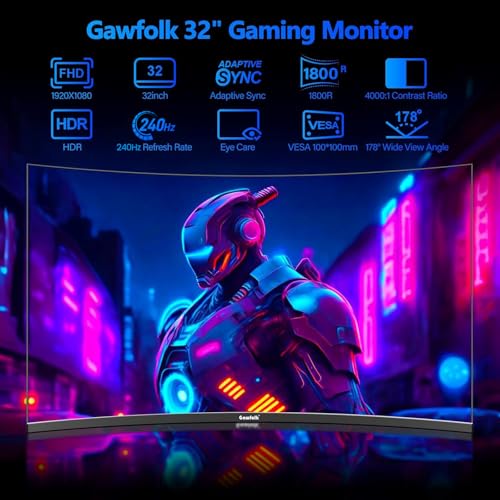 Image of Gawfolk 32 Inch Curved Gaming Monitor 240Hz, 1800R PC Monitor Full HD 1080P, Frameless Computer Dispaly with Freesync and Eye Care Technology, Wall Mountable