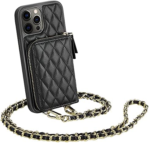 LAMEEKU iPhone 12 Pro Max Wallet Case - 6.7" Crossbody Chain with Wrist Strap, Quilted Card Holder, Faux Leather Bumper - Black