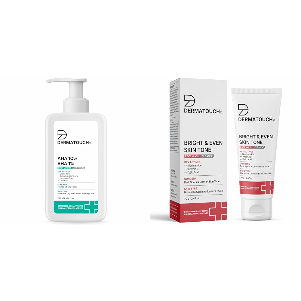 DERMATOUCH AHA 10% BHA 1% Body Lotion For Men and Women 200ml & Bright & Even Tone Face Wash with Niacinamide, Vitamin E and Kojic Acid 70g-image-43