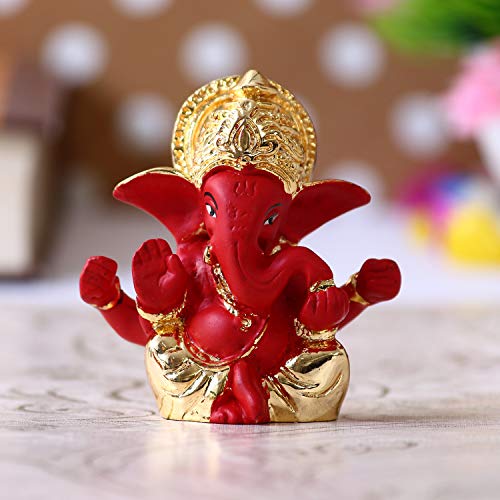 Image of eCraftIndia Gold Plated Red Mukut Ganesha Decorative Showpiece for Home /Temple /Office