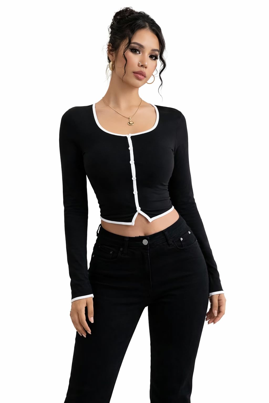 lahazat Women’s Ribbed Slim Fit Long Sleeve Crop Top – Button Front Contrast Detail Casual High Stretch Top for Women with White Trim, College Wear Fashion 100% Cotton-picture-18